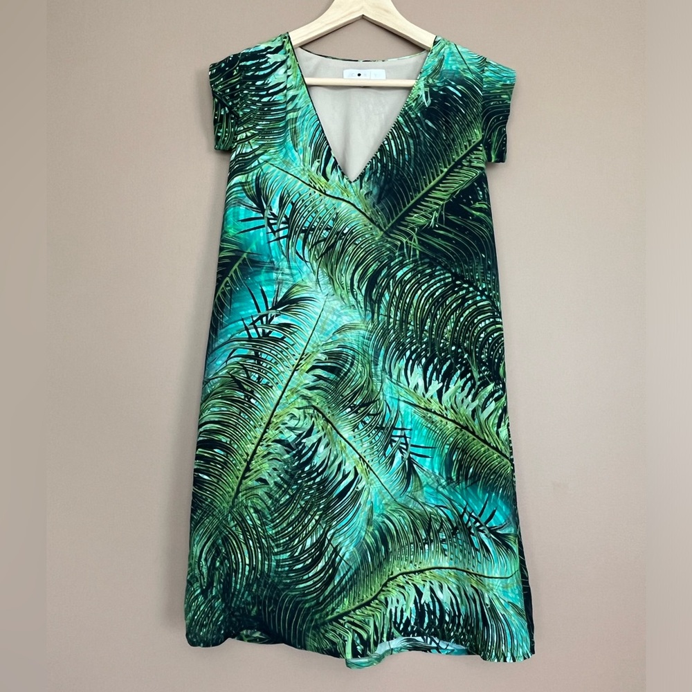 {Corey} Silk Blend Palm Print Shift Dress Short Sleeve - Womens 2